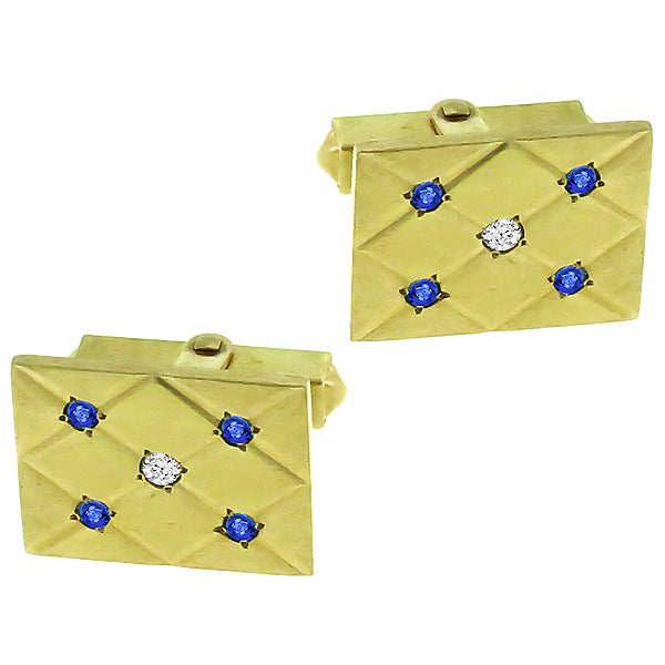 Estate Round Cut Sapphire & Diamond 14k Yellow Gold Cufflinks