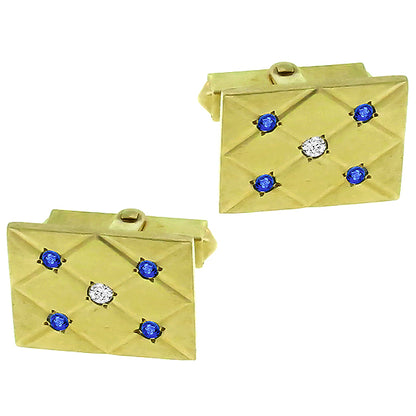 Estate Round Cut Sapphire & Diamond 14k Yellow Gold Cufflinks