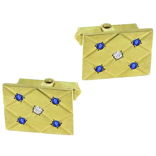Estate Round Cut Sapphire & Diamond 14k Yellow Gold Cufflinks