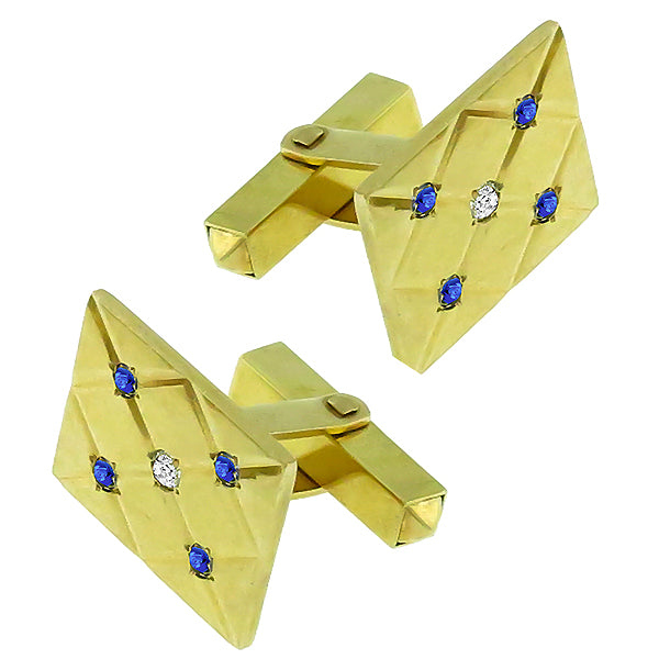 Estate Round Cut Sapphire & Diamond 14k Yellow Gold Cufflinks