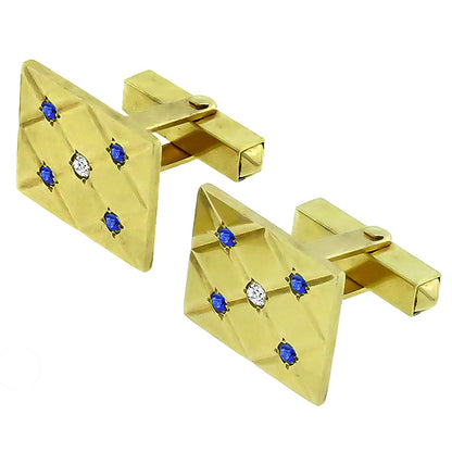Estate Round Cut Sapphire & Diamond 14k Yellow Gold Cufflinks