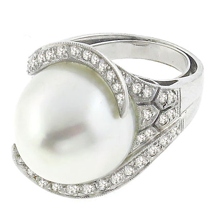 Estate South Sea Pearl 1.00ct Diamond Gold Ring