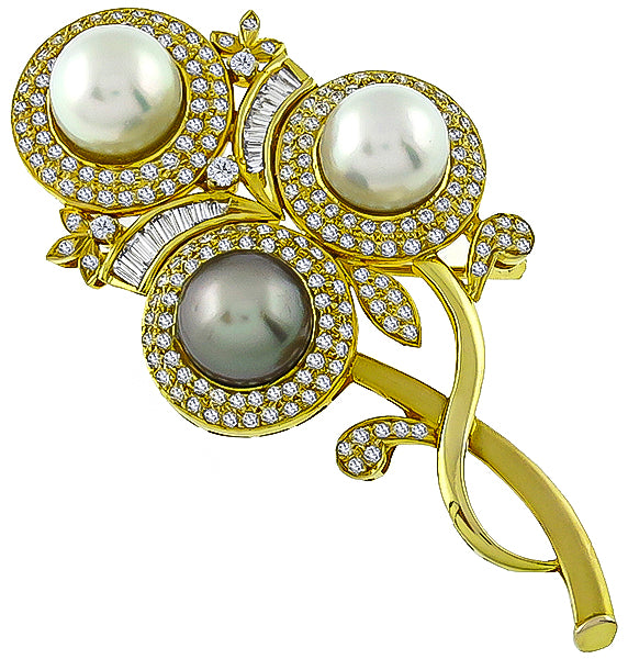 Estate South Sea Pearl 4.00ct Diamond Flower Pin