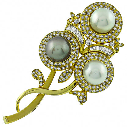 Estate South Sea Pearl 4.00ct Diamond Flower Pin