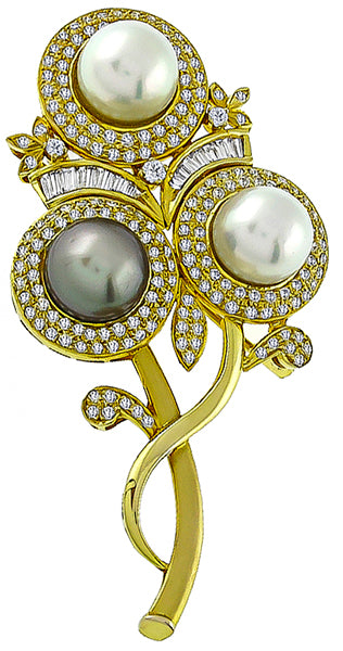 Estate South Sea Pearl 4.00ct Diamond Flower Pin