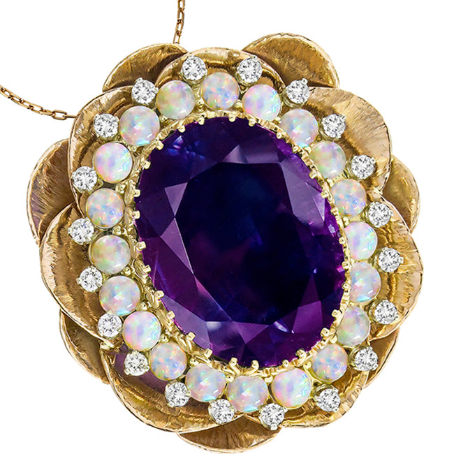 1960s 30 Oval Amethyst and Opal Diamond 14k Yellow & WhiteGold Lotus Pin/Pendant