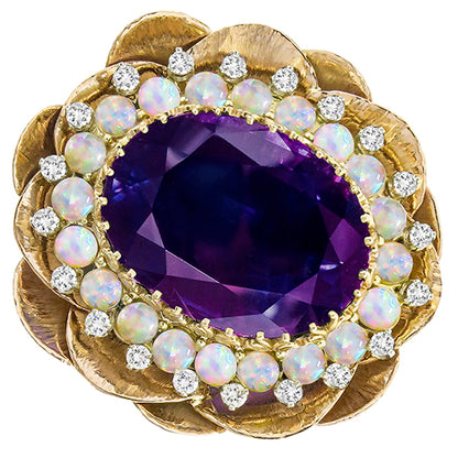 1960s 30 Oval Amethyst and Opal Diamond 14k Yellow & WhiteGold Lotus Pin/Pendant