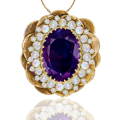 1960s 30 Oval Amethyst and Opal Diamond 14k Yellow & WhiteGold Lotus Pin/Pendant