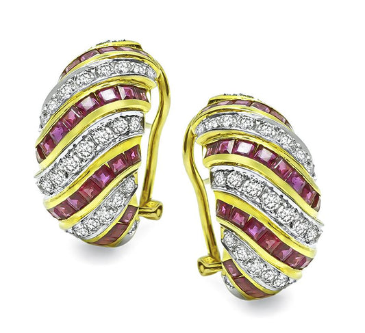 Estate 1.80ct Diamond 1.70ct Ruby 18k Gold Earrings