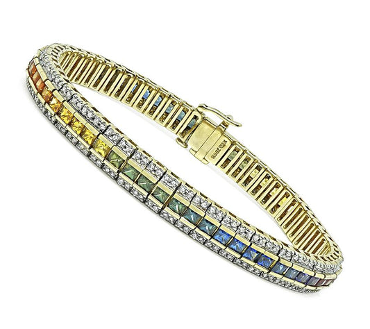 Estate 3.00ct Multi Color Gemstone 1.00ct Diamond 14k Gold Bracelet