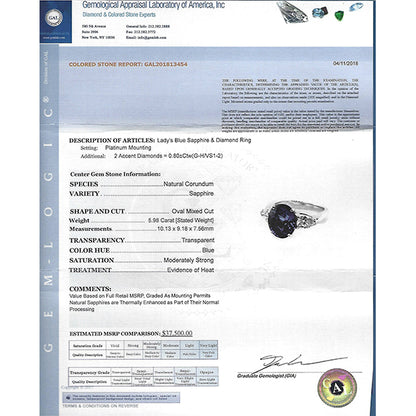 Estate  GAL Certified 5.98ct Sapphire 1.00ct Diamond Engagement Ring