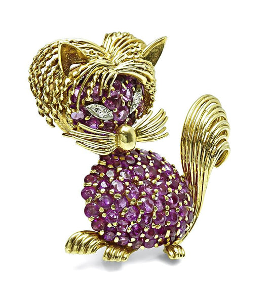 Estate 7.00ct Ruby Diamond Gold Cat Pin