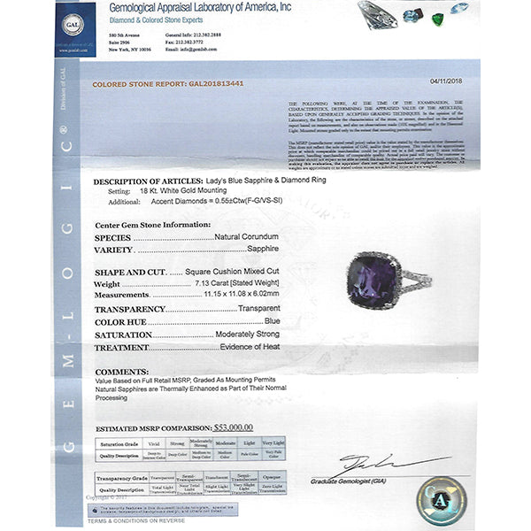 Estate  GAL Certified 7.13ct Sapphire 1.25ct Diamond Engagement Ring