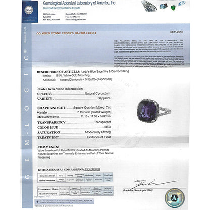 Estate  GAL Certified 7.13ct Sapphire 1.25ct Diamond Engagement Ring