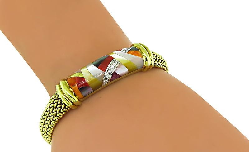 Estate Asch Grossbardt Multi Color Gemstone Inlay Gold Bracelet