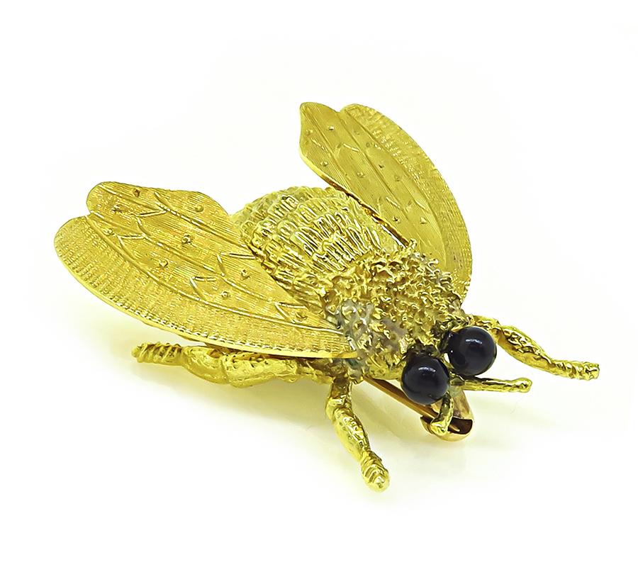 Estate Cellino Onyx 18k Yellow Gold Bee Pin
