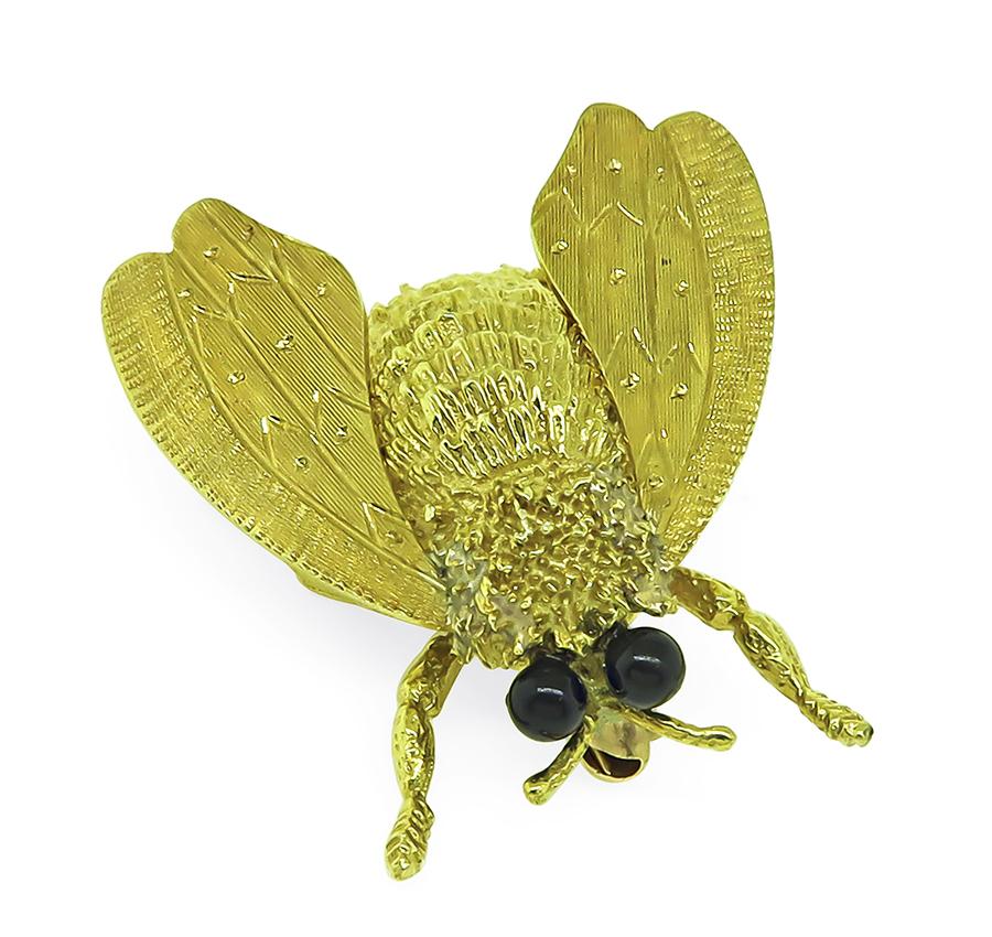 Estate Cellino Onyx 18k Yellow Gold Bee Pin