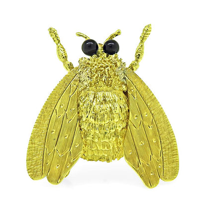 Estate Cellino Onyx 18k Yellow Gold Bee Pin