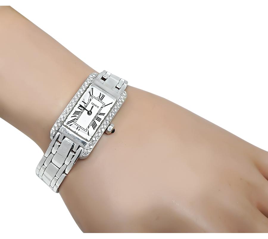 Estate Geneve 0.90ct diamond 14K white gold watch with Roman numeral dial