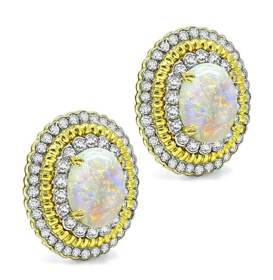 Estate Opal 3.00ct Diamond 18k Gold Earrings