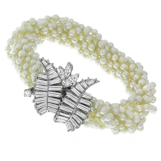 Vintage 1950s Pearl and Diamond clasp in Platinum Bracelet