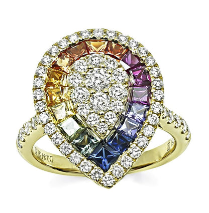 Estate yellow gold ring with multi-color sapphire and diamonds