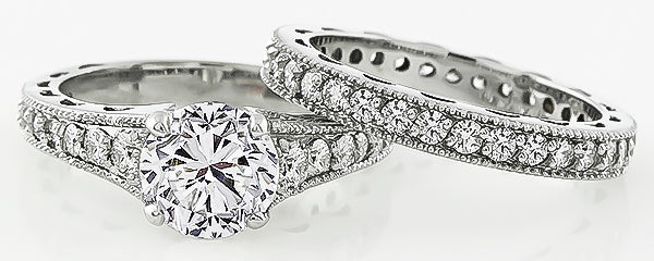 GIA Certified 1.57ct Diamond Engagement Ring and Wedding Band Set