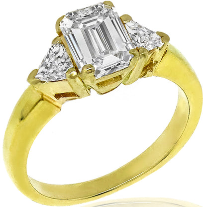 Estate GIA Certified 1.01ct Emerald Cut Diamond 0.25ct Trilliant Gold Ring