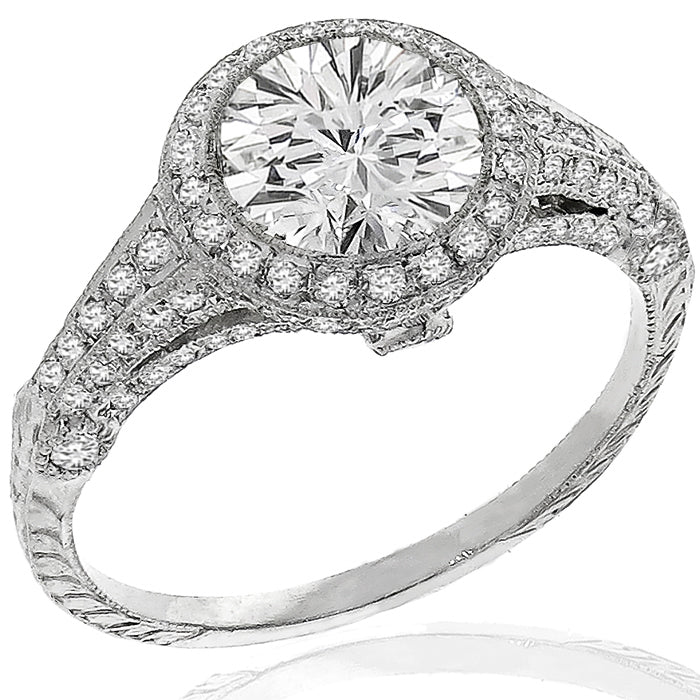 Art Deco Style GIA Certified 1.14ct Round Diamond Platinum Engagement Ring
