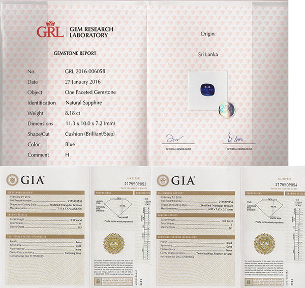 GRL Certified 8.18ct Sapphire GIA Certified 1.99ct Diamond Ring