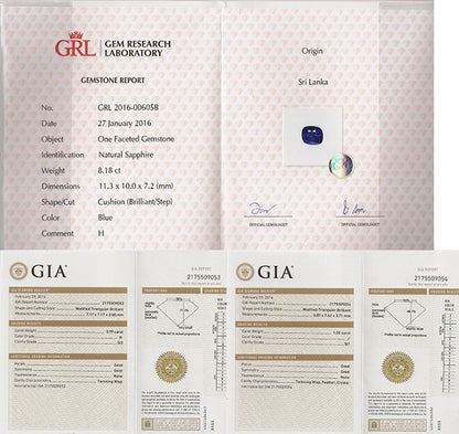 GRL Certified 8.18ct Sapphire GIA Certified 1.99ct Diamond Ring