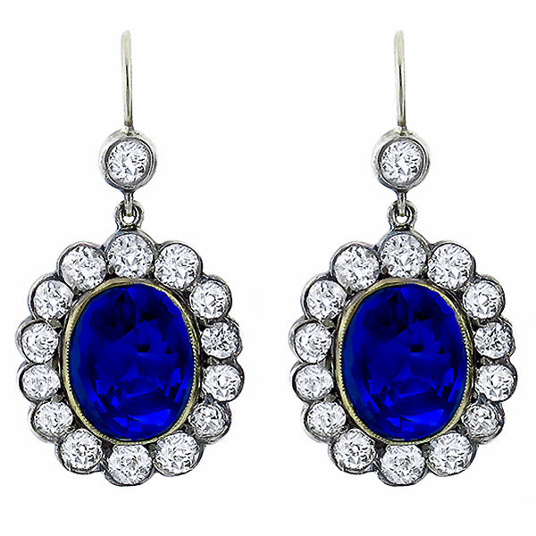 Georgian 8.32ct Sapphire & 2.80ct Diamond Silver & Gold Earrings