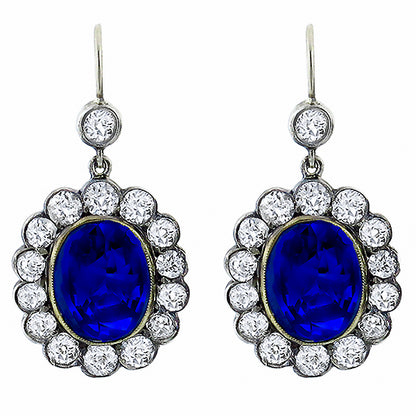 Georgian 8.32ct Sapphire & 2.80ct Diamond Silver & Gold Earrings