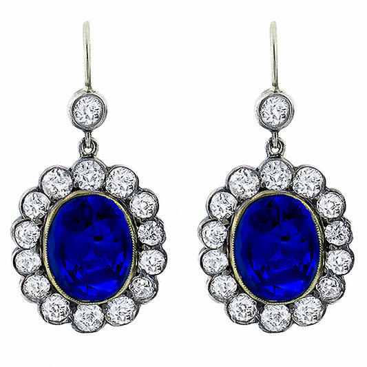 Georgian 8.32ct Sapphire & 2.80ct Diamond Silver & Gold Earrings