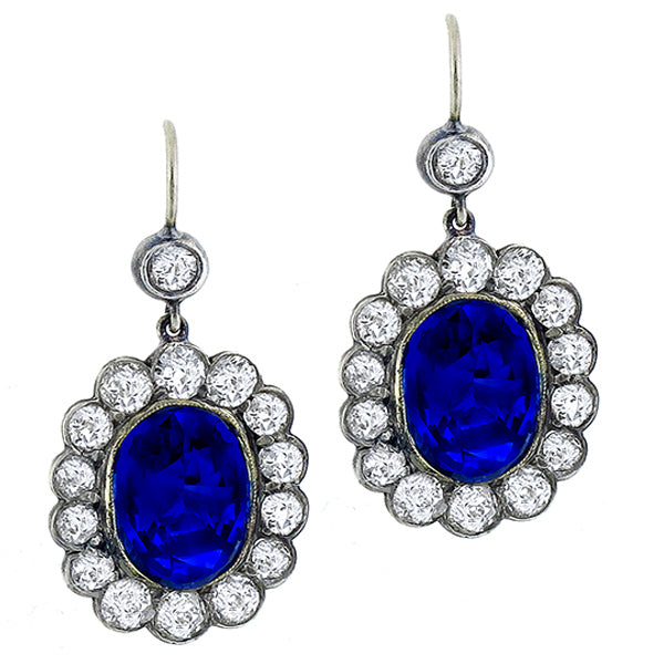 Georgian 8.32ct Sapphire & 2.80ct Diamond Silver & Gold Earrings