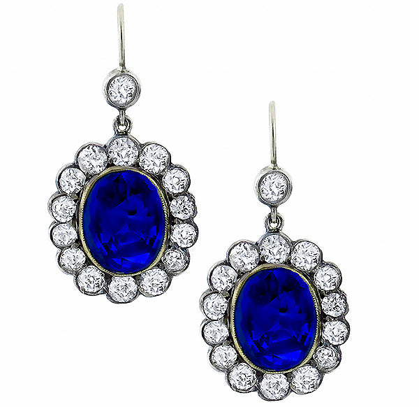 Georgian 8.32ct Sapphire & 2.80ct Diamond Silver & Gold Earrings