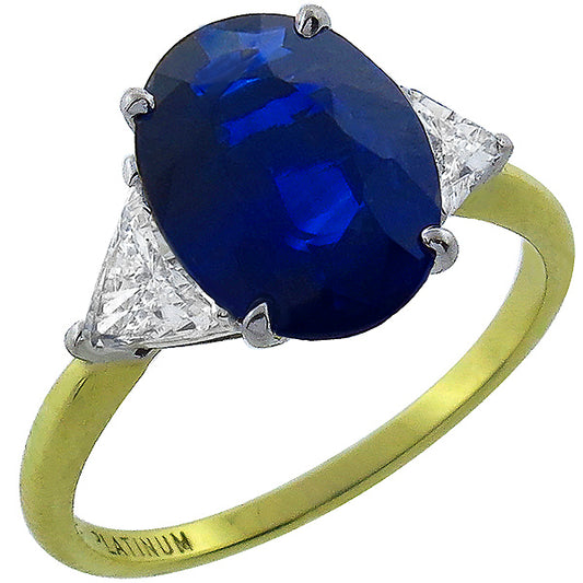 3.58ct Oval Sapphire and Trilliant Diamond 18k Yellow Gold Engagement Ring