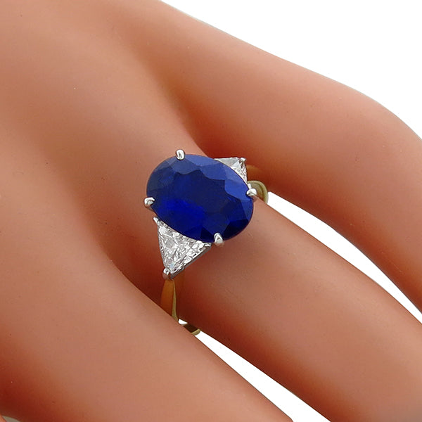 3.58ct Oval Sapphire and Trilliant Diamond 18k Yellow Gold Engagement Ring