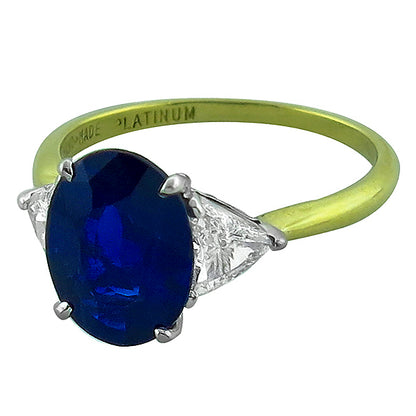 3.58ct Oval Sapphire and Trilliant Diamond 18k Yellow Gold Engagement Ring