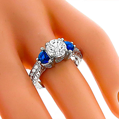 Edwardian Style 1.49ct Diamond Sapphire 18k White Gold Engagement Ring