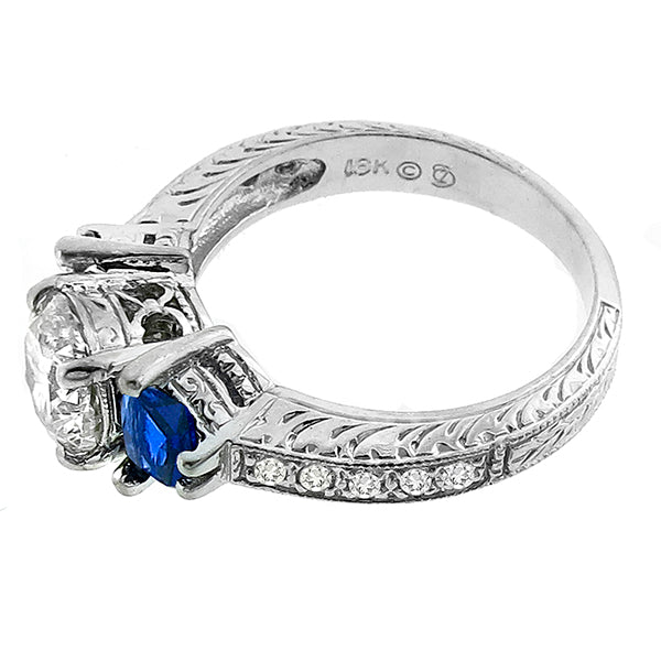 Edwardian Style 1.49ct Diamond Sapphire 18k White Gold Engagement Ring