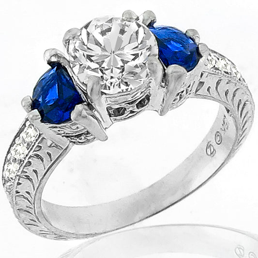 Edwardian Style 1.49ct Diamond Sapphire 18k White Gold Engagement Ring