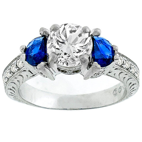Edwardian Style 1.49ct Diamond Sapphire 18k White Gold Engagement Ring