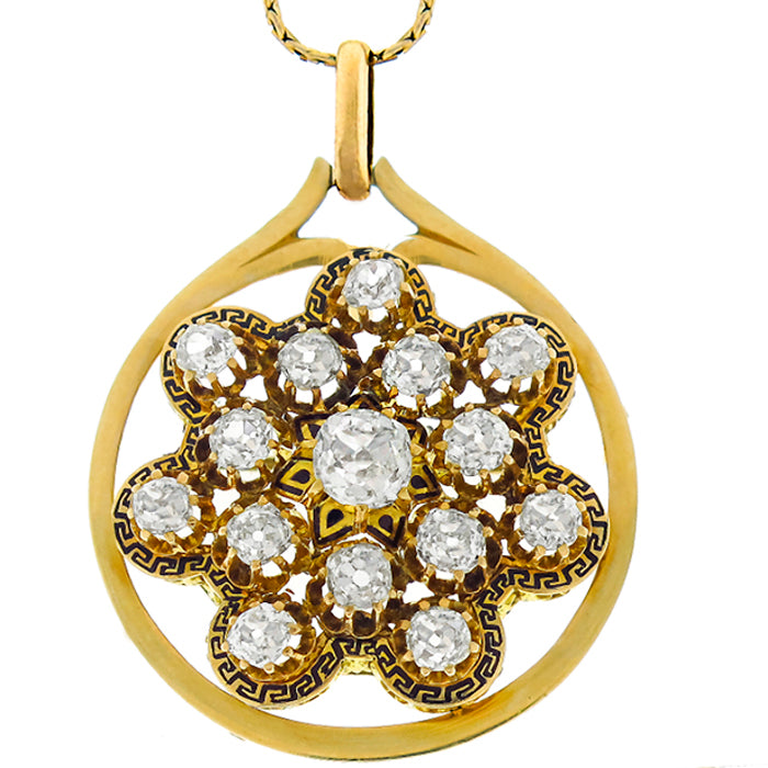 Victorian Antique Diamond Enamel Gold Pin/ Pendant