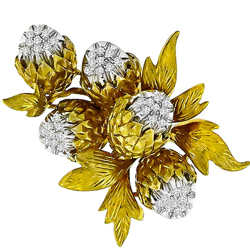 Estate 1950s 0.50ct Round Cut Diamond 18k Yellow & White Gold Acorn Pin