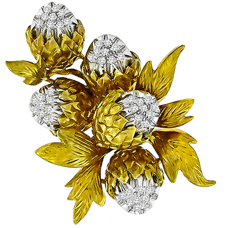 Estate 1950s 0.50ct Round Cut Diamond 18k Yellow & White Gold Acorn Pin