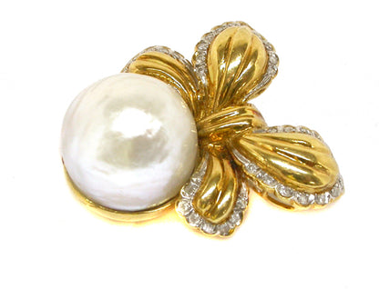 Mabe Pearl &  Diamond 18k Yellow Gold  Bow Pendant & Pearl Enhancer