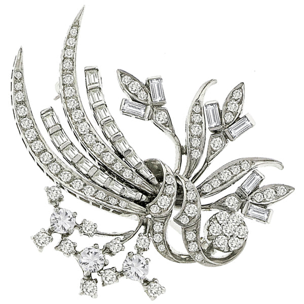 1950s 2.50ct Old European And Baguette Cut Diamond Platinum Floral Bouque