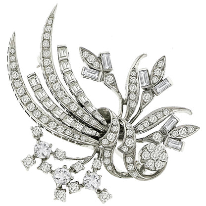 1950s 2.50ct Old European And Baguette Cut Diamond Platinum Floral Bouque