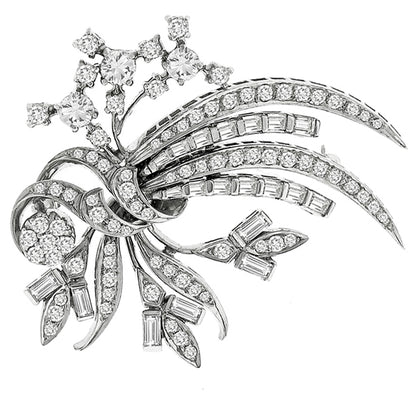 1950s 2.50ct Old European And Baguette Cut Diamond Platinum Floral Bouque